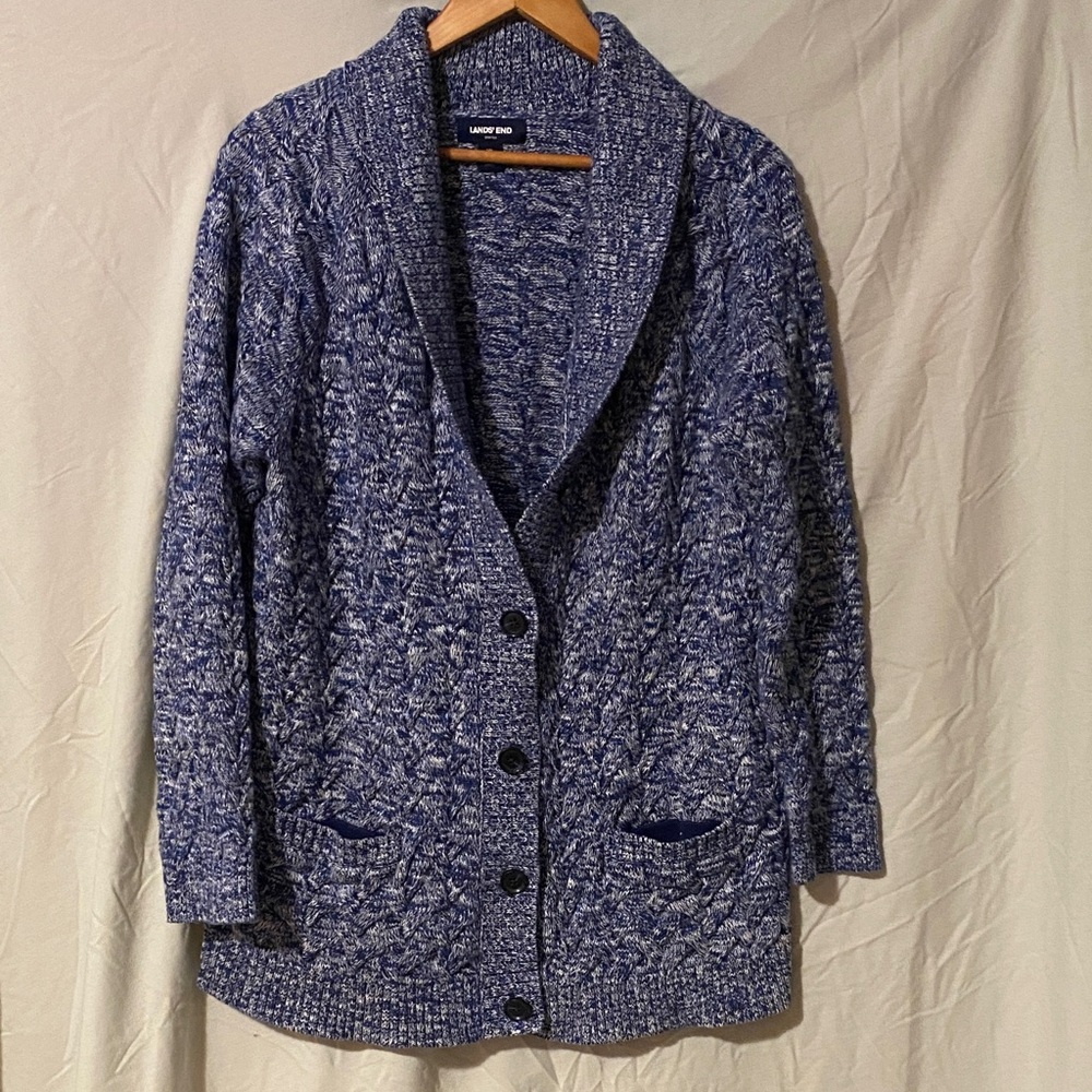 Lands' End Navy-White Marled Shawl Collar Cardigan
